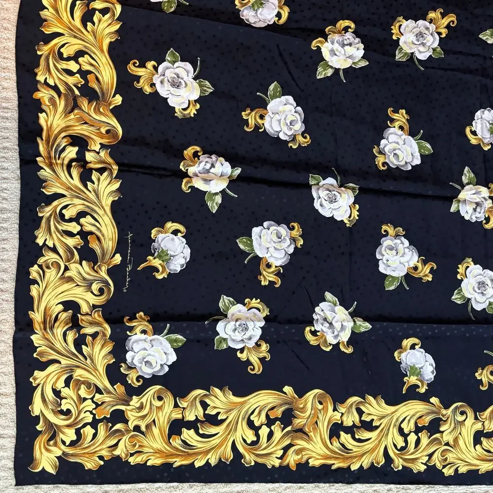 Jeannene Booher silk scarf large square satin brocade black gold & white floral